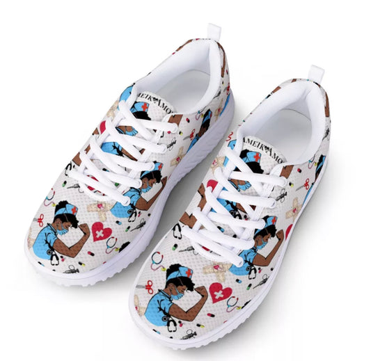 Nurse Print Sneakers, Nurse Shoes, African American Healthcare Hero Sneakers